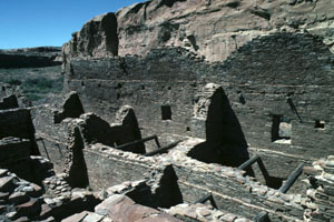 Chetro Ketl, a great house at Chaco Canyon, showing large wooden beams in the ruins.