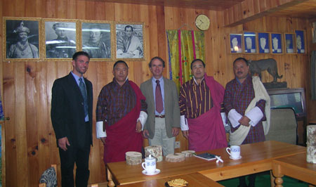 Ministry of Agriculture officials from Bhutan, Dasho Sangay Thinley, the Secretary of Agriculture; Dasho Dawa Tshering, the Director General for Forestry and Dr Pema Choephyel, the Director for the Council of RNR Research meeting with Professor Blanchette and Joel Jurgens