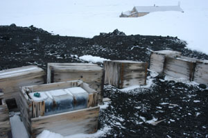 Historic fuel containers near the Cape Evans hut