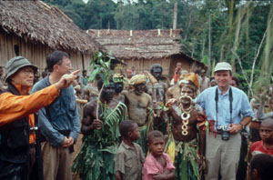 Professor Blanchette and colleagues from the Rainforest Project Foundation being greeted by Chief Aki and villagers